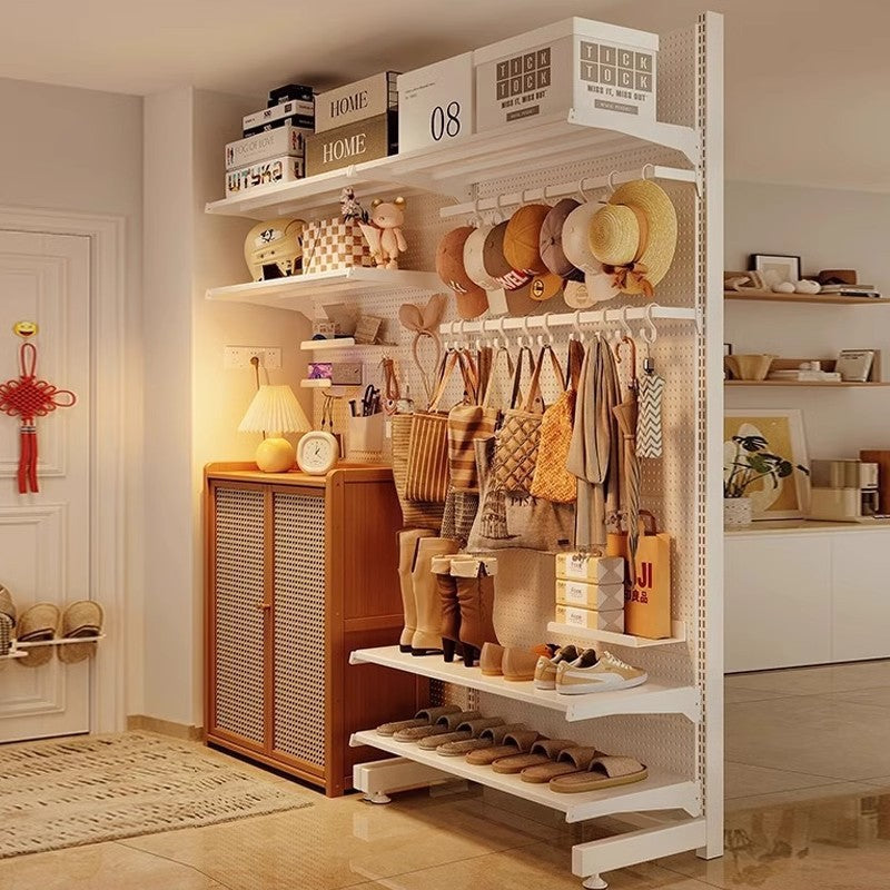 Freestanding Perforated Pegboard Storage Rack with Coat and Shoe Hooks, No-Drill Entryway Organizer