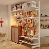 Freestanding Perforated Pegboard Storage Rack with Coat and Shoe Hooks, No-Drill Entryway Organizer