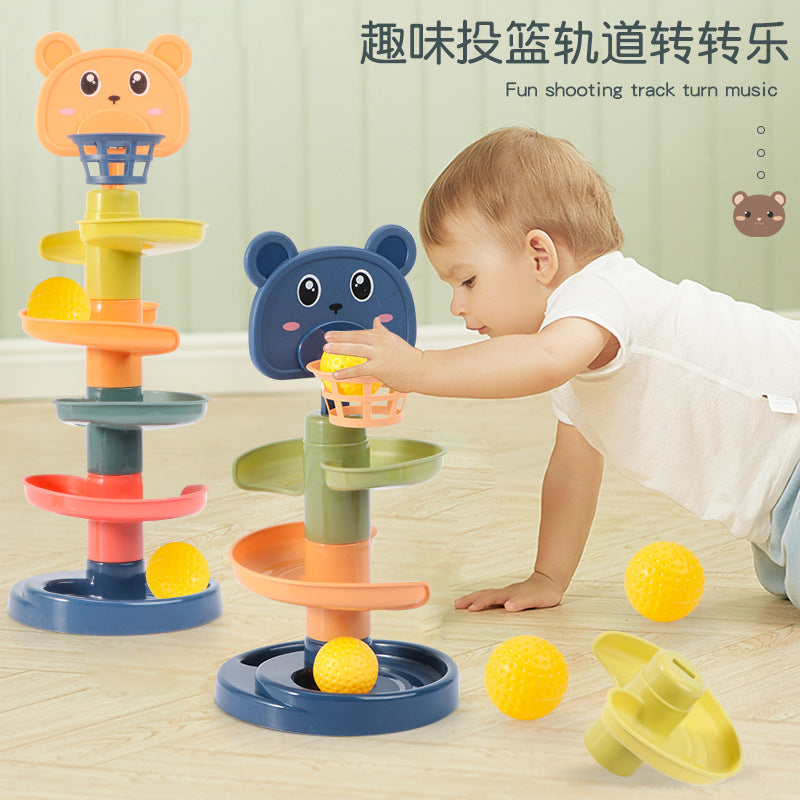 Stacking Rolling Ball Tower Toy for Toddlers, Educational Track Slide with Basketball Hoop
