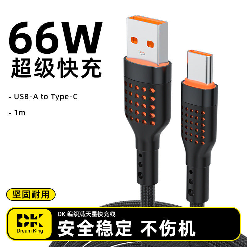 66W Fast Charging Braided Data Cable for Type-C, iPhone, and Micro USB Devices
