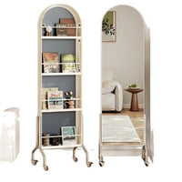 Full-Length Mirror with Magazine Rack, Movable Rotating Dressing Mirror for Bedroom Living Room, Cream Style Floor Mirror