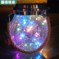 Solar Crackle Glass Jar Hanging Lantern with LED Lights for Outdoor Garden Patio Decor