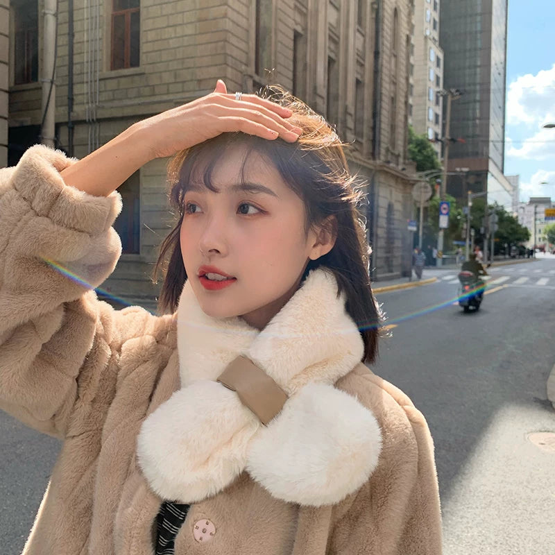 Plush Cross Scarf for Women, Korean Style Sweet Warm Neck Warmer for Winter
