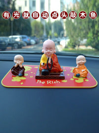 Solar Powered Nodding Monk Car Dashboard Ornament with Wooden Fish