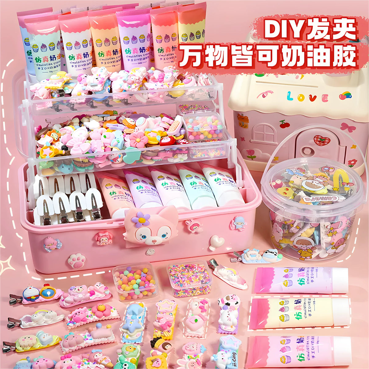 DIY Cream Glue Hair Clip & Mirror Comb Set with Storage Box