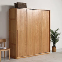 Solid Oak Wood Wardrobe with Sliding Doors, Nordic Style Home Storage Cabinet for Bedroom