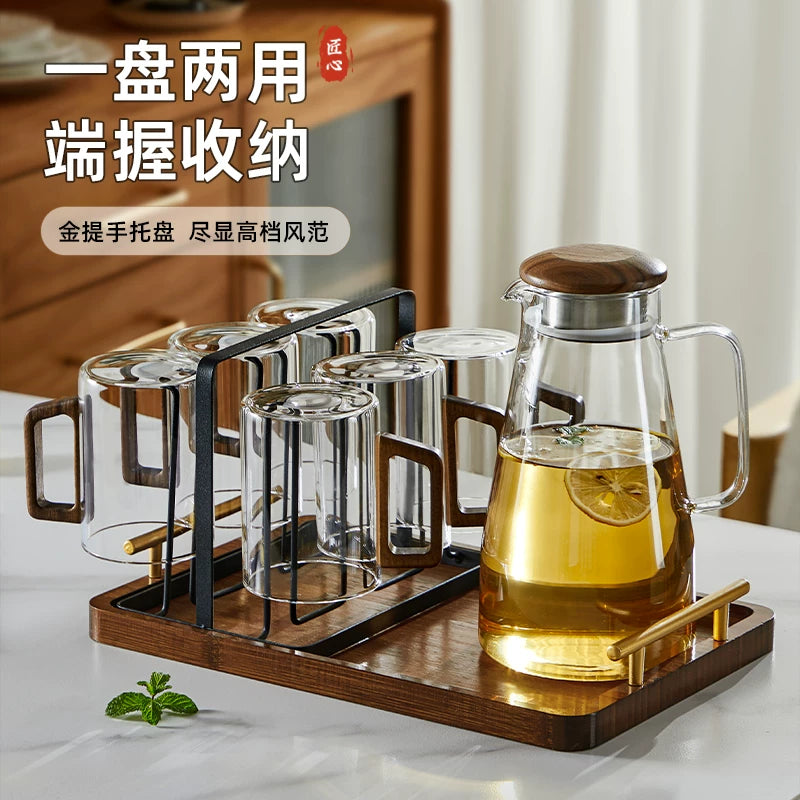 Japanese High Borosilicate Glass Teacups Set with Wooden Handle and Tray