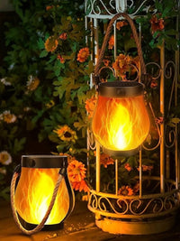 Solar Flame Lantern with Hemp Rope or Stand, USB Rechargeable Outdoor Decor for Patio & Camping