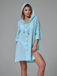 Women's Hooded Beach Cover-Up Shirt Dress UV Protection