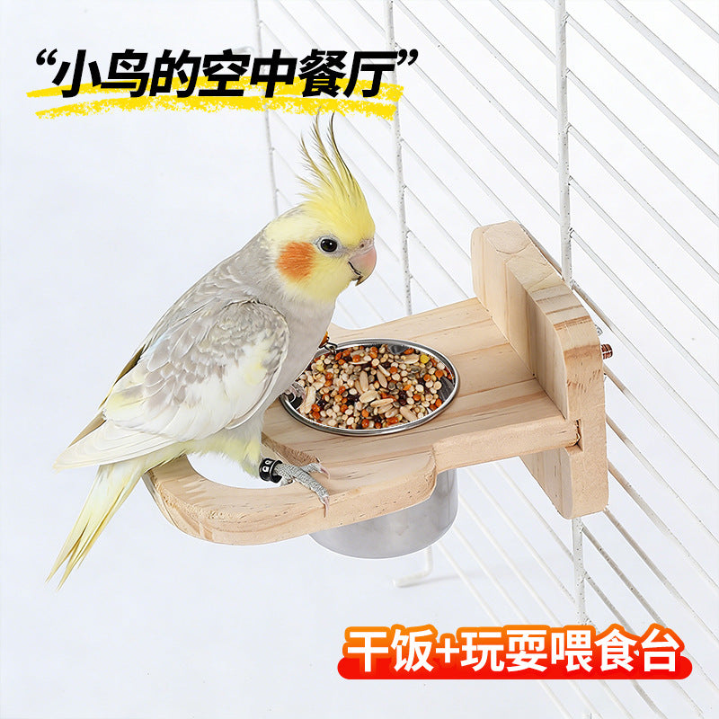 Wooden Bird Play Stand with Feeder Bowls for Parrots and Small Birds
