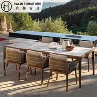 Outdoor Wicker Dining Set with Teak Legs and Rock Slab Tabletop for Patio Garden