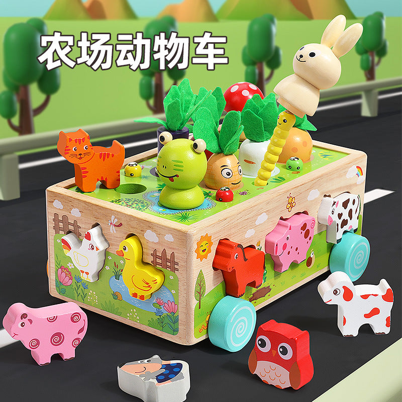 Wooden Multifunctional Educational Farm Animal Fruit Shape Block Pull Radish Matching Toy Car for Kids
