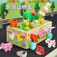 Wooden Multifunctional Educational Farm Animal Fruit Shape Block Pull Radish Matching Toy Car for Kids