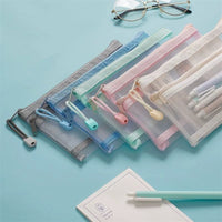 Transparent Double-Layer Nylon Mesh Pencil Pouch with Zipper for Students