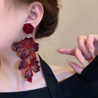 Red Rose Long Dangle Earrings Vintage Exaggerated Vacation Style Beach Statement Earrings for Women