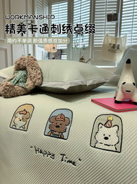 Cartoon Embroidered Ice Silk Mat 3-Piece Set for Kids, Summer Cooling Mat, Single Person, Machine Washable