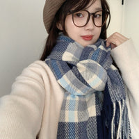 Plaid Cashmere-Feel Scarf for Women, Thickened Warm Winter Neck Wrap with Tassels