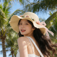 2026 New Floral Decorated Straw Hat for Women - Summer Wide Brim Sun Protection Beach Vacation Woven Hat