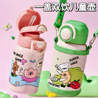 Kids' Cartoon Insulated Water Bottle with Dual-Use Lid, 550ml Stainless Steel Portable Thermos for School
