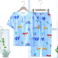 Kids' Summer Pajama Set, Thin Cotton Blend Short Sleeve Top & Long Pants for Boys and Girls