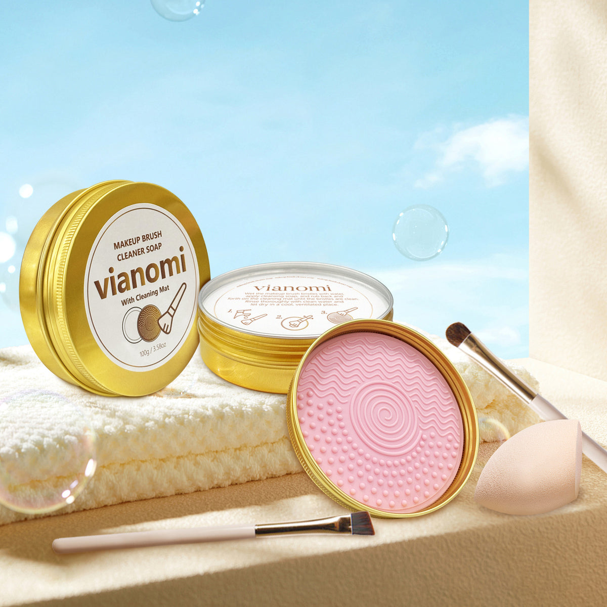 Vianomi Makeup Brush and Sponge Cleaning Soap with Scrubber Pad, 100g