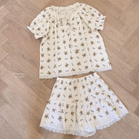 Vintage Waffle Knit Bear Bow Lace Trim Pajama Set with Headband for Girls