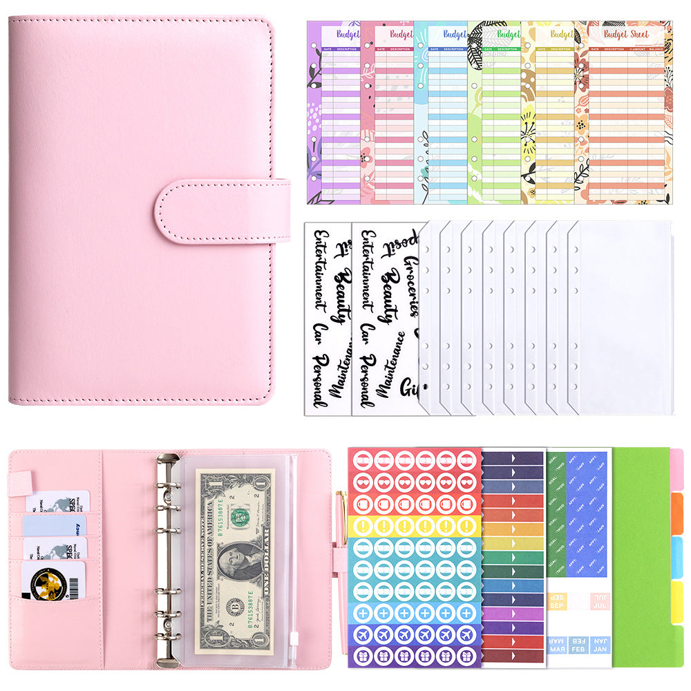 A6 Macaron PU Leather 6-Ring Binder with Zipper Envelopes for Cash Budgeting and Planning