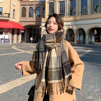 Korean Style Plaid Scarf for Women, Thickened Warm Imitation Cashmere Shawl with Tassels