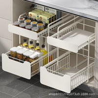 Kitchen Sink Storage Rack, Stainless Steel Double-Layer Spice and Pot Organizer, Cabinet Pull-Out Tiered Shelf
