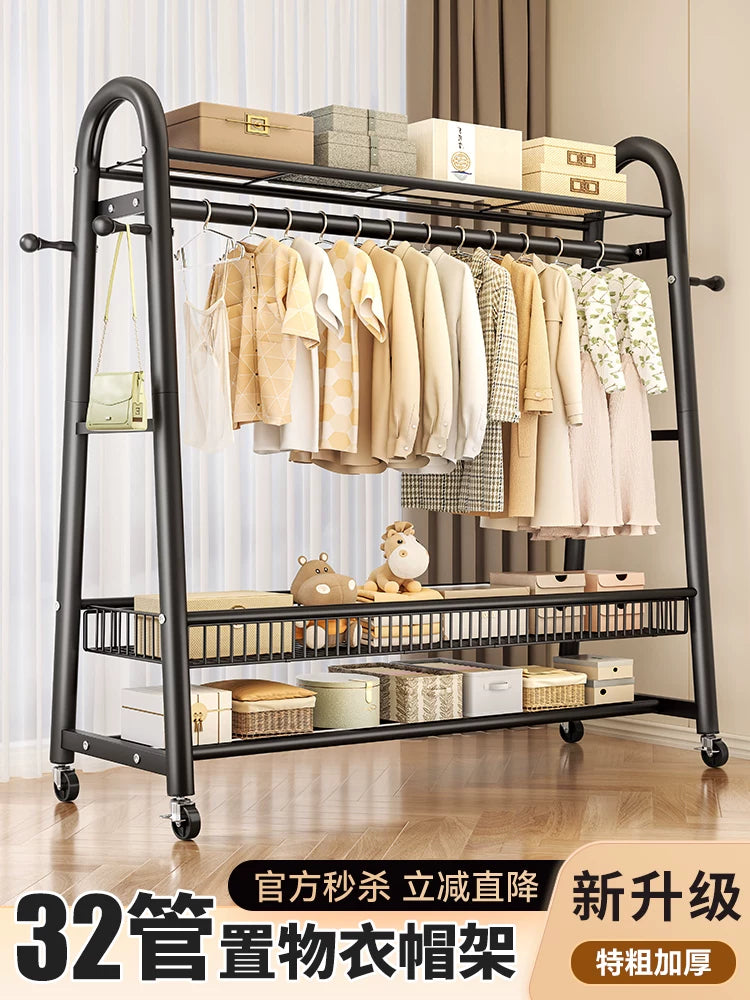 Mobile Garment Rack with Top Shelf & Shoe Rack, Heavy-Duty Clothes Drying Rack for Bedroom & Indoor Use