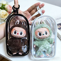 Labubu Figure Display Case PVC Dustproof Protection Bag with Keychain and Plush Ball