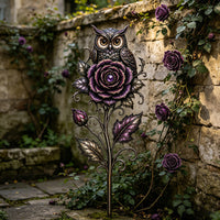 Rose Owl Garden Stake Metal Outdoor Yard Art Decor