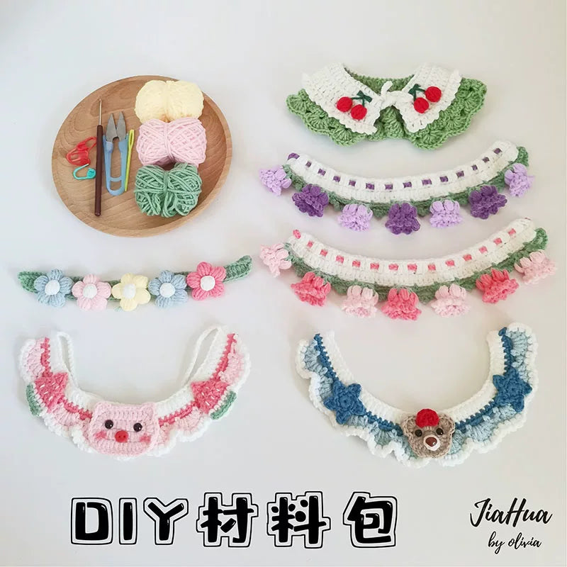 DIY Crochet Pet Collar Kit for Cats and Small Dogs, Handmade Knitted Neckwear with Yarn and Tools