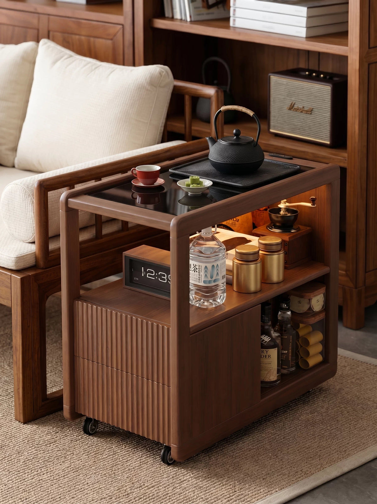 Solid Wood Side Table, New Chinese Style Movable Small Coffee Table for Living Room, Dining Cart, Corner Table, Sofa Side Cabinet, Tea Cabinet