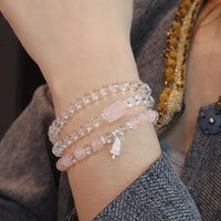 Natural Rose Quartz and White Crystal Triple-Wrap Bracelet with Peace Buckle Charm