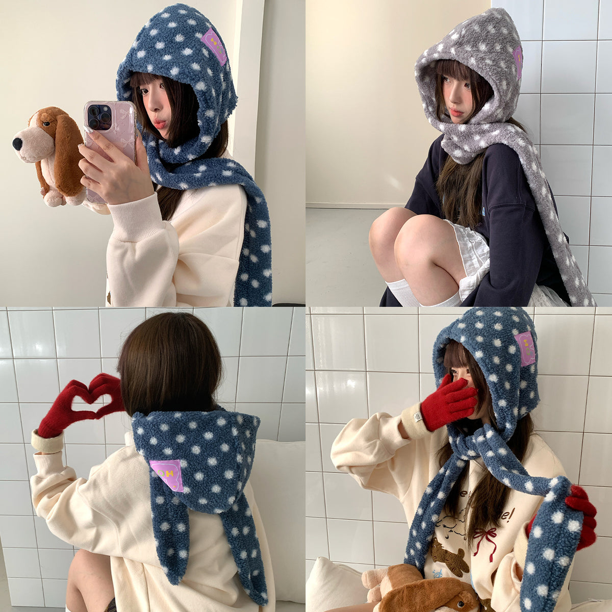 Women's Polka Dot Plush Hooded Scarf with Earflaps - Integrated Winter Warmth