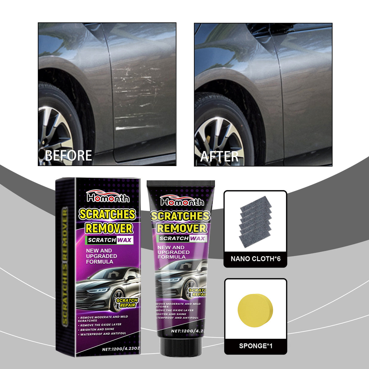 HOMONTH Car Scratch Remover Kit with Nano Cloth and Sponge for Paint and Headlight Care
