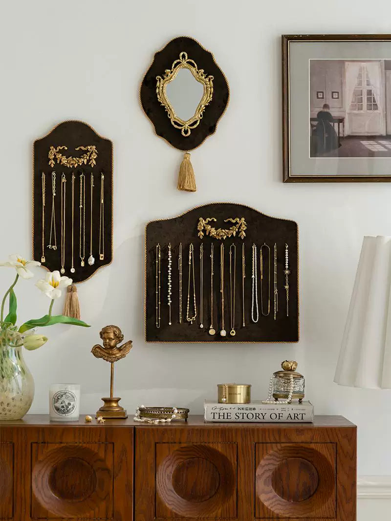 French Vintage Wall-Mounted Jewelry Organizer with Velvet Display for Necklaces and Earrings