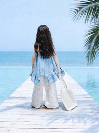 Mother-Daughter Matching Summer Beach Outfits - Blue Strappy Dress & White Hollow-Out Wide-Leg Pants