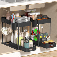 Under-Sink Pull-Out Storage Organizer with Hooks and Chopstick Holders, Double-Layer Plastic Drawer Shelf for Kitchen and Bathroom