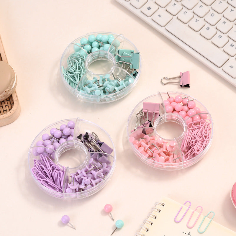 Macaron Donut Stationery Clip Set - Paper Clips, Push Pins, Binder Clips for Office & School