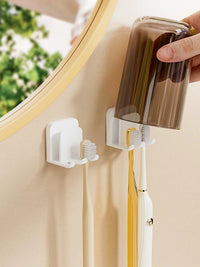 Wall-Mounted Toothbrush Holder with Tumblers, No-Drill Bathroom Organizer for Toothbrushes and Mouthwash Cups