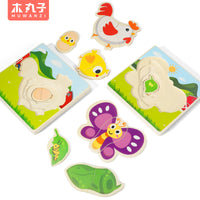 Wooden Multi-Layer Growth Puzzle for Kids - Rooster and Butterfly Educational Toy