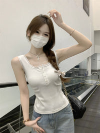 Women's Square Neck Lace Trim Button-Front Camisole Tank Top