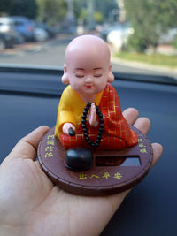 Solar-Powered Nodding Monk Car Dashboard Ornament with Wooden Fish