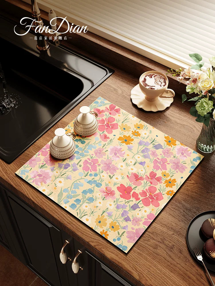 American Style Pink Floral Diatomaceous Earth Absorbent Mat for Coffee Machine Kitchen Countertop Dishes Cups