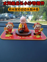 Solar-Powered Nodding Monk Car Dashboard Ornament with Wooden Fish