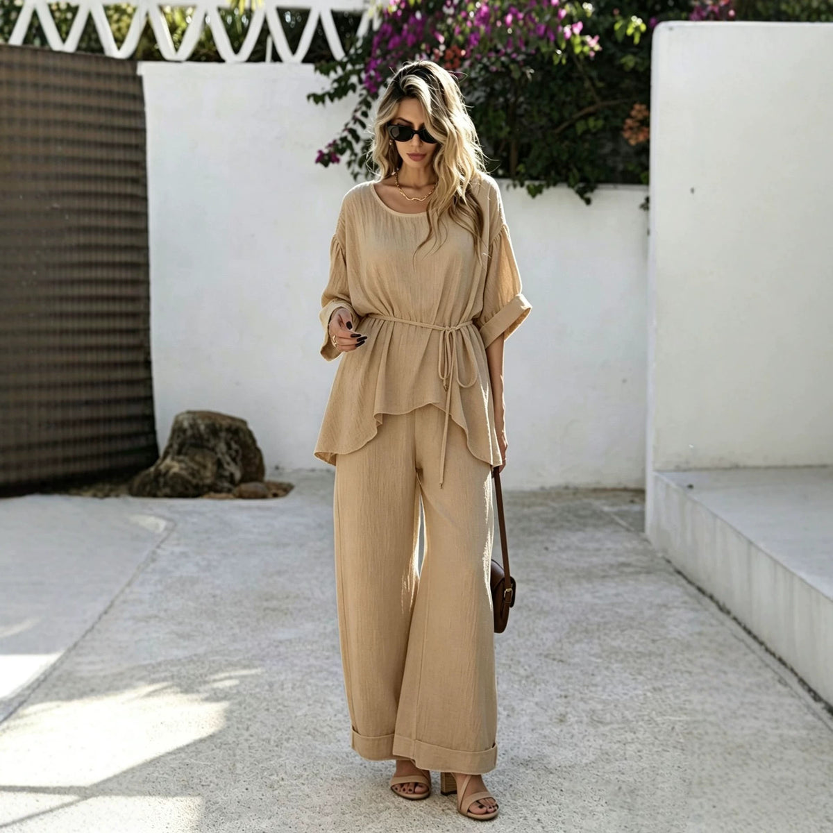 Women's Crinkled Tie-Waist Wide-Leg Pants and Top Set