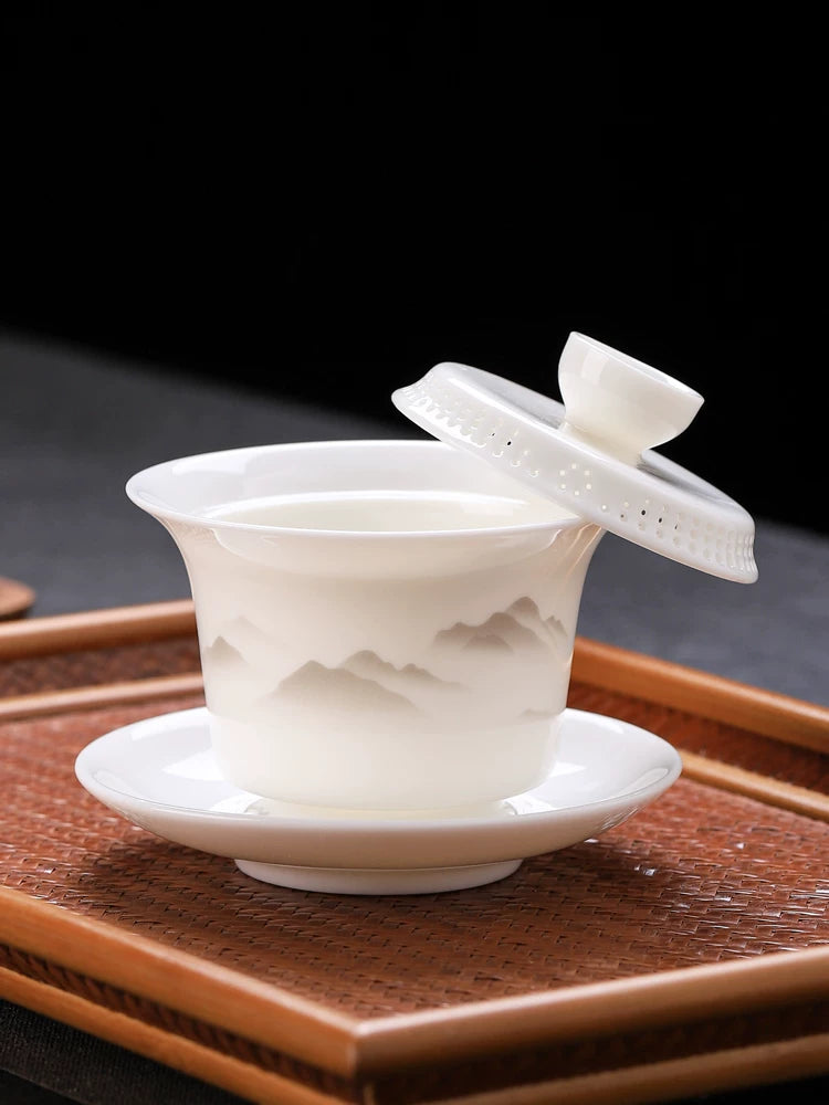 Mutton Fat Jade Porcelain 360° Rotating Gaiwan Tea Bowl with Integrated Filter