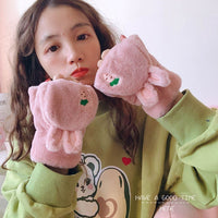 Winter Plush Bunny Ear Flip-Top Half-Finger Gloves for Women, Touchscreen Compatible